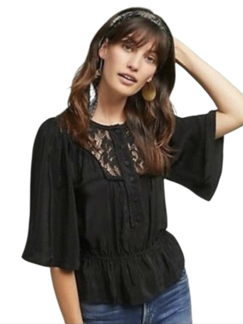 Anthropologie Feather Bone Fiona Whimsigoth Black Lace Yoke Peplum Blouse